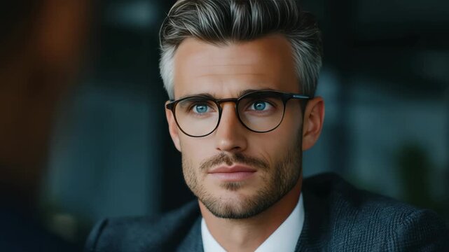 Handsome middle aged man in suit looking serious and confident, wearing glasses and smirking slightly.