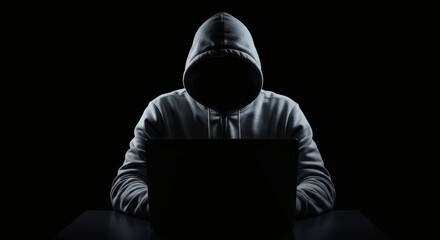 Silhouette of a hooded figure working on a laptop in the dark.