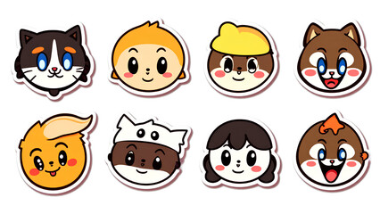 A collection of funny cartoon animal and boy character face icons
