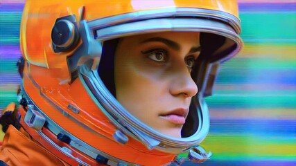 A female astronaut wearing an orange helmet and futuristic space suit, with the background featuring vibrant colors in a glitch art style