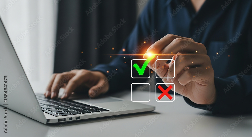 Aufkleber person using laptop with digital checklist showing checkmark and x mark for decision making process