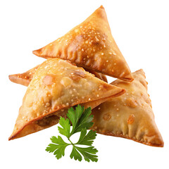 Crispy golden samosas with spicy filling and fresh parsley garnish on white background food photo