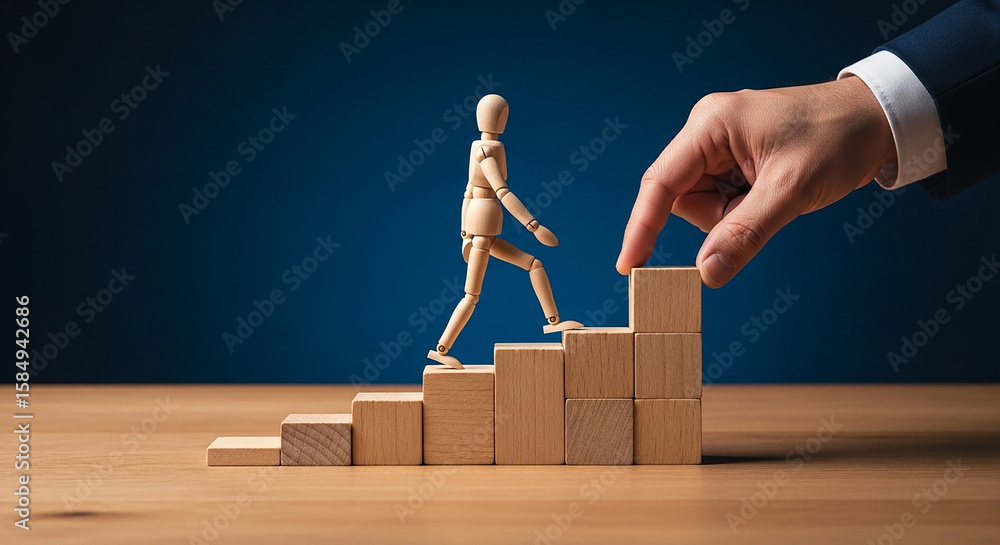 Poster wooden mannequin climbing block steps with hand adding a step on a wooden table against blue backgro