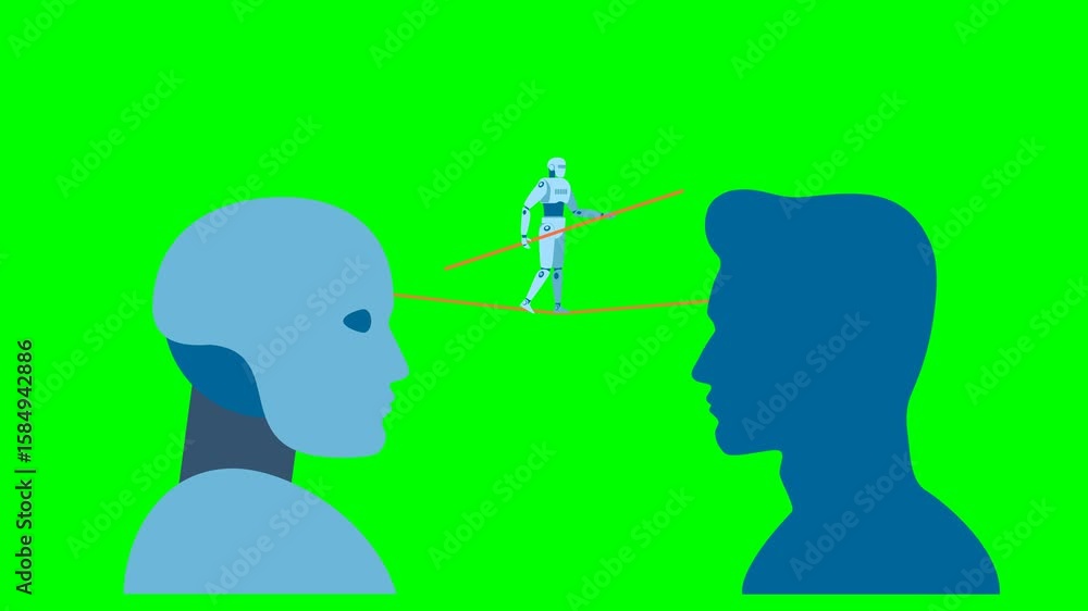 Poster head of a robot and a human between which a robot tightrope walker passes. balance between human and