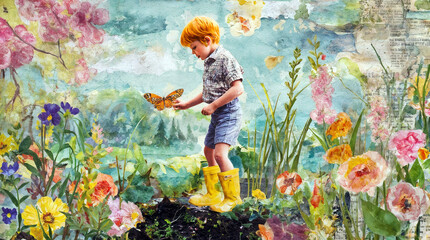 Watercolor collage of  boy in yellow boots gently holding a butterfly in a colorful blooming spring garden. Whimsical and tender childhood moment