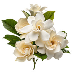 Elegant white gardenia flowers with green leaves in a striking floral arrangement for decoration