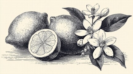 Hand-drawn vector lemon elements set: whole fruits, slices, branches, leaves, flowers and cashew nuts, detailed black ink illustration on white