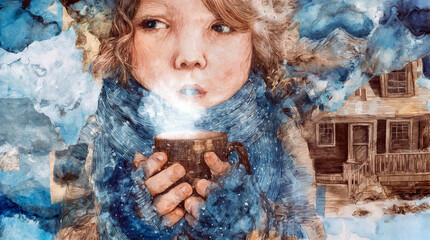 A child with rosy cheeks holding a steaming mug in gloved hands, wrapped in a scarf. Watercolor collage with winter home background and snowfall