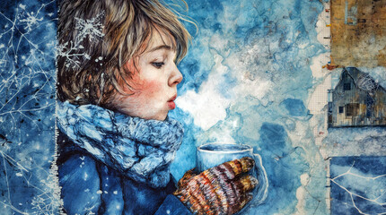 A child with rosy cheeks holding a steaming mug in gloved hands, wrapped in a scarf. Watercolor collage with winter home background and snowfall