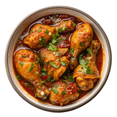 Delicious spicy chicken curry with herbs and sauce in a traditional bowl for a tasty meal