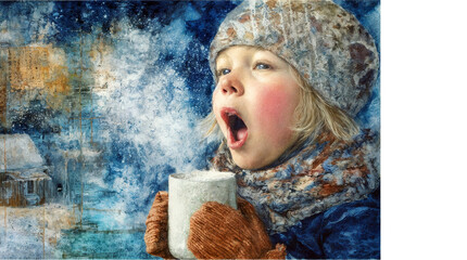 A child with rosy cheeks holding a steaming mug in gloved hands, wrapped in a scarf. Watercolor collage with winter home background and snowfall