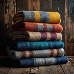 Cozy and Colorful Woolen Throws Stacked on Rustic Wooden Background