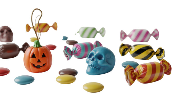 Vibrant Halloween treats featuring a smiling pumpkin, colorful candies, and a spooky skull on a transparent background