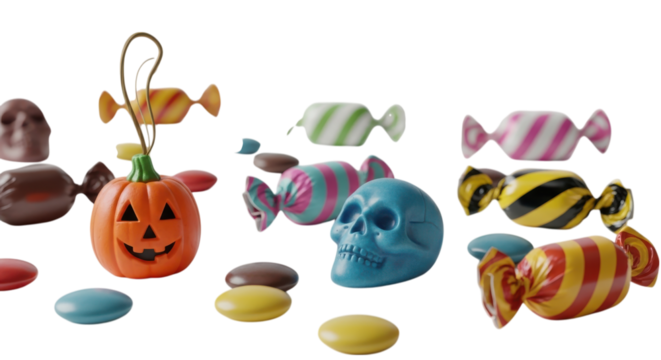 Vibrant Halloween treats featuring a smiling pumpkin, colorful candies, and a spooky skull on a transparent background