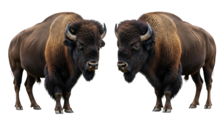 Two magnificent bison stand against a black backdrop, their powerful forms showcasing wild nature, transparent background