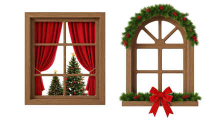 Christmas trees and decorations framed by window panes evoke festive cheer and holiday spirit with red curtains on a transparent background.