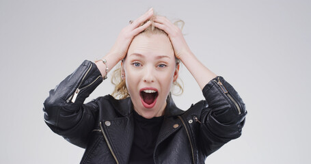 Woman, surprise and wow with in studio portrait for deal, good news and shock on white background....
