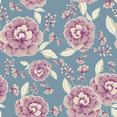  Seamless vintage style floral pattern with purple roses and ivory leaves on a dusty blue background. Ideal for fabric, wallpaper, and elegant packaging.