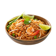 Delicious shrimp pad thai recipe with fresh lime and peanuts in healthy flavorful Asian inspired dish