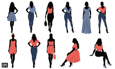 Women Silhouette Vector Set | Diverse Fashion Outfit Illustrations for Design Elements, Style Guides, and Advertising