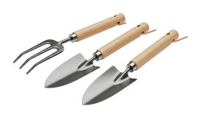 Fototapeta premium Three shiny gardening tools with wooden handles sit ready for spring planting on a stark black backdrop, showcasing spades and a fork, transparent background