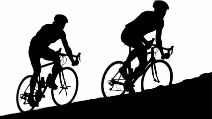Obraz premium Silhouette of two cyclists riding bicycles uphill against a white background in a minimalist design style