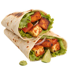 Delicious grilled paneer wrap with fresh vegetables and lime for a perfect vegetarian meal