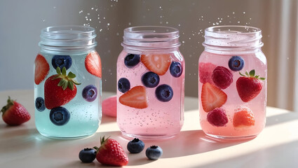 Row of colorful summer berry-infused detox water or lemonade with fresh strawberries and blueberries in mason jars