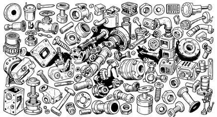 Obraz premium Detailed Hand-Drawn Industrial Mechanical Parts, Tools Fasteners Collage