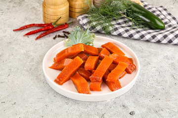 Red pickled herring fish fillet