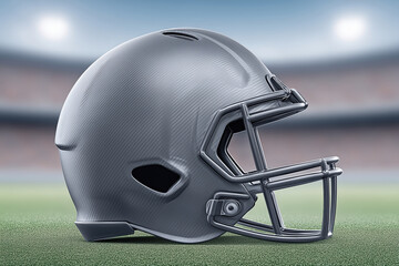 Fototapeta premium Football Helmet: The football helmet, a symbol of gridiron competition, stands proudly on a verdant field, with the stadium creating an immersive backdrop.