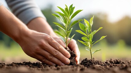 Greenhouse gas control. Young green plant seedling planted in soil by hands with sunlight showing nature growth and care for healthy environment