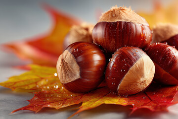 Autumnal Bounty: A close-up still life showcasing fresh hazelnuts, with a few wet leaves, in a cozy arrangement, captured at the heart of autumn, celebrates nature's beauty.
