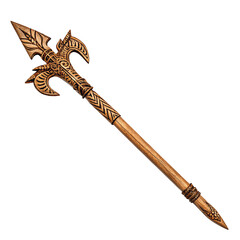 Intricate wooden spear with ancient carvings showcasing detailed tribal patterns and craftsmanship