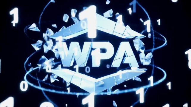 A digitally rendered graphic showcasing the WPA logo breaking apart with binary code.