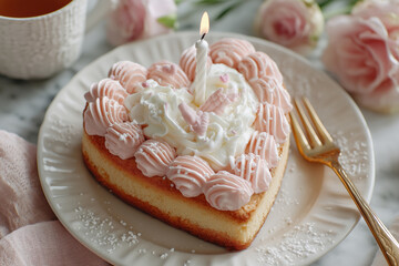 Sweetheart Celebration Cake: A heart-shaped cake, adorned with delicate pink frosting, a dollop of cream, and a single lit candle.