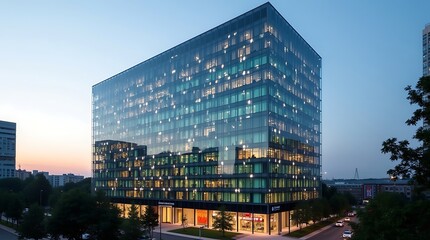 A captivating photo-realistic scene depicts a modern office building, highlighting a mesmerizing display of pixelated lights dancing across its glass and steel exterior.
