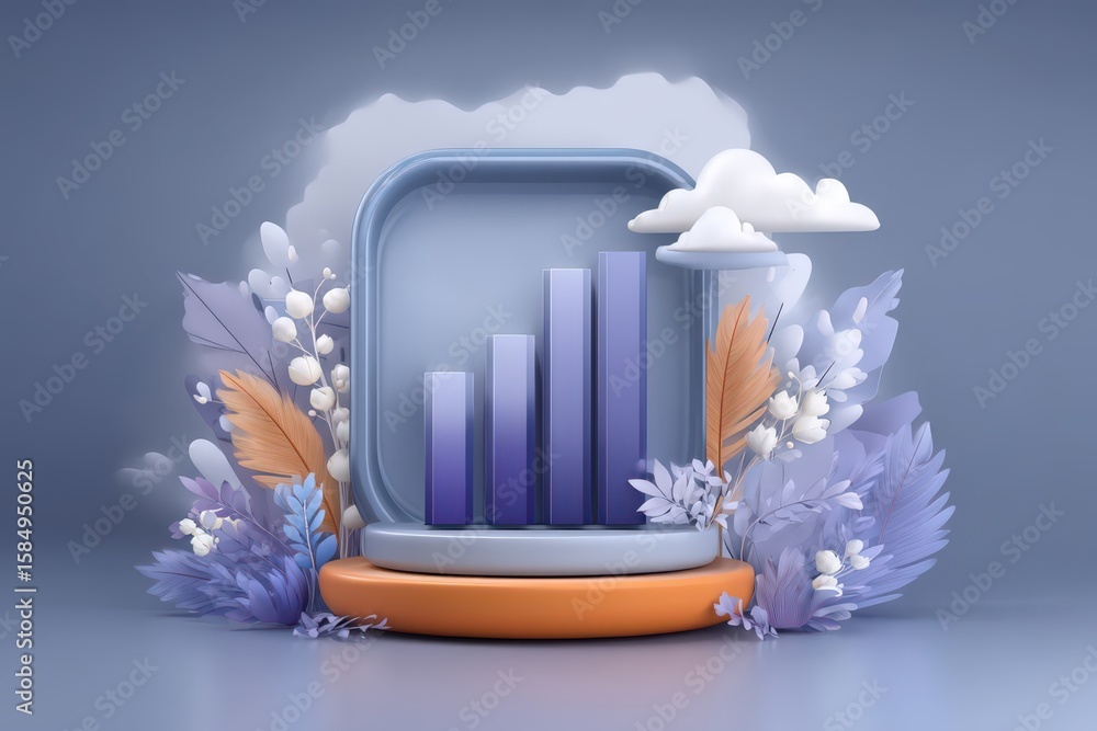Poster elegant data visualization with ascending bar graph surrounded by delicate floral arrangements in a 