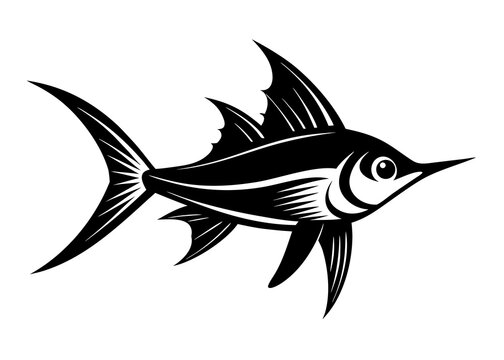 A sleek black vector silhouette depicts a swordtail fish, perfect for aquatic designs, pet store promotions, or educational materials about freshwater species.