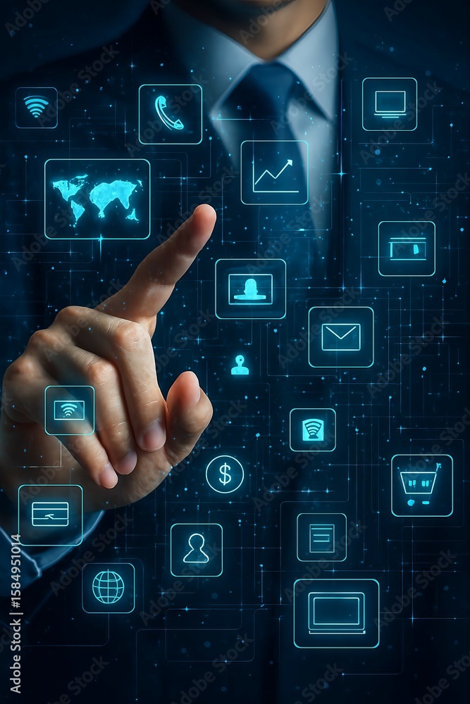 Poster businessman s finger touching a digital interface displaying various technology and business icons c