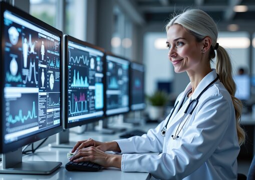 Caucasian female doctor analyzing medical data on multiple computer screens in modern office