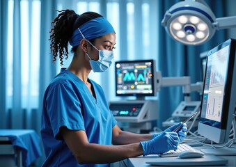 Asian female nurse analyzing data on computer in modern hospital environment