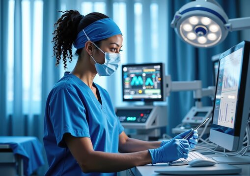 Asian female nurse analyzing data on computer in modern hospital environment