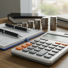 Financial planning with calculator coins pens and notebook on desk
