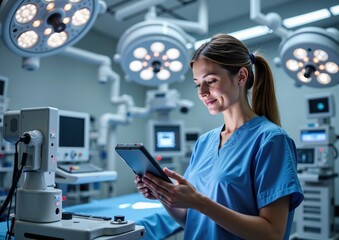 Female healthcare professional with tablet in advanced surgical room