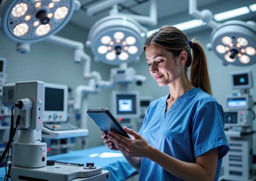 Female healthcare professional with tablet in advanced surgical room
