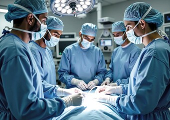 Diverse surgical team operates in hospital operating room focused on patient care