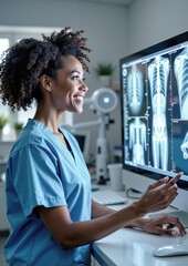 African female doctor reviewing patient x-ray images on computer in medical office
