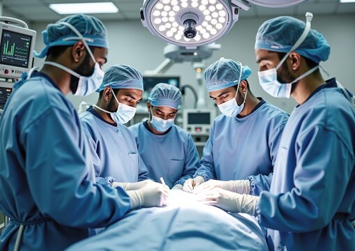Surgical team performing operation in modern operating room with advanced equipment and lighting