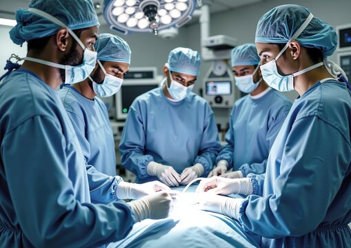 Diverse surgical team operates in hospital operating room focused on patient care - Powered by Adobe